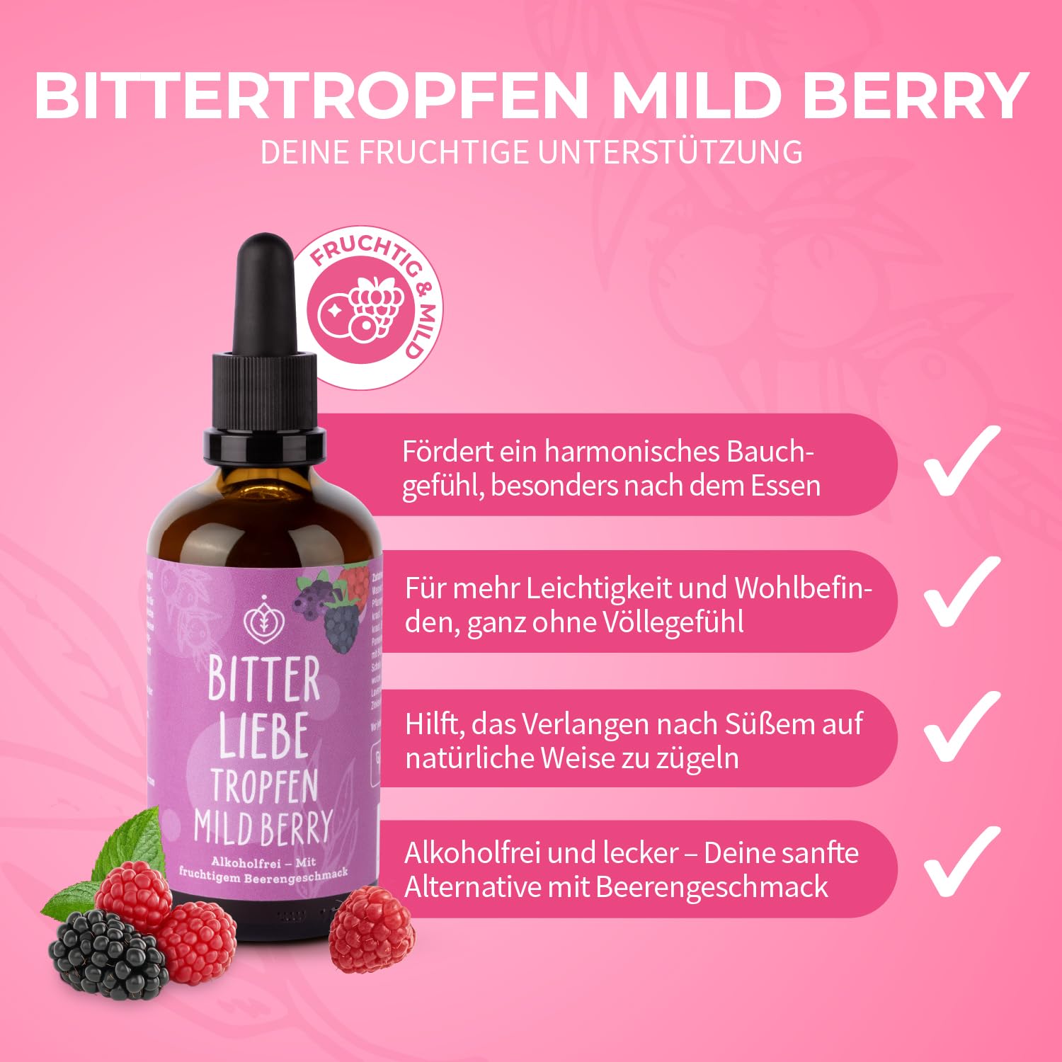 BitterLiebe - Bittertropfen Mild Berry - alkoholfreie Bitterstoffe Tropfen mit Fruchtgeschmack - Artischocke & Löwenzahn für die Verdauung* - gegen Süßhunger - Vegan & Made in Germany