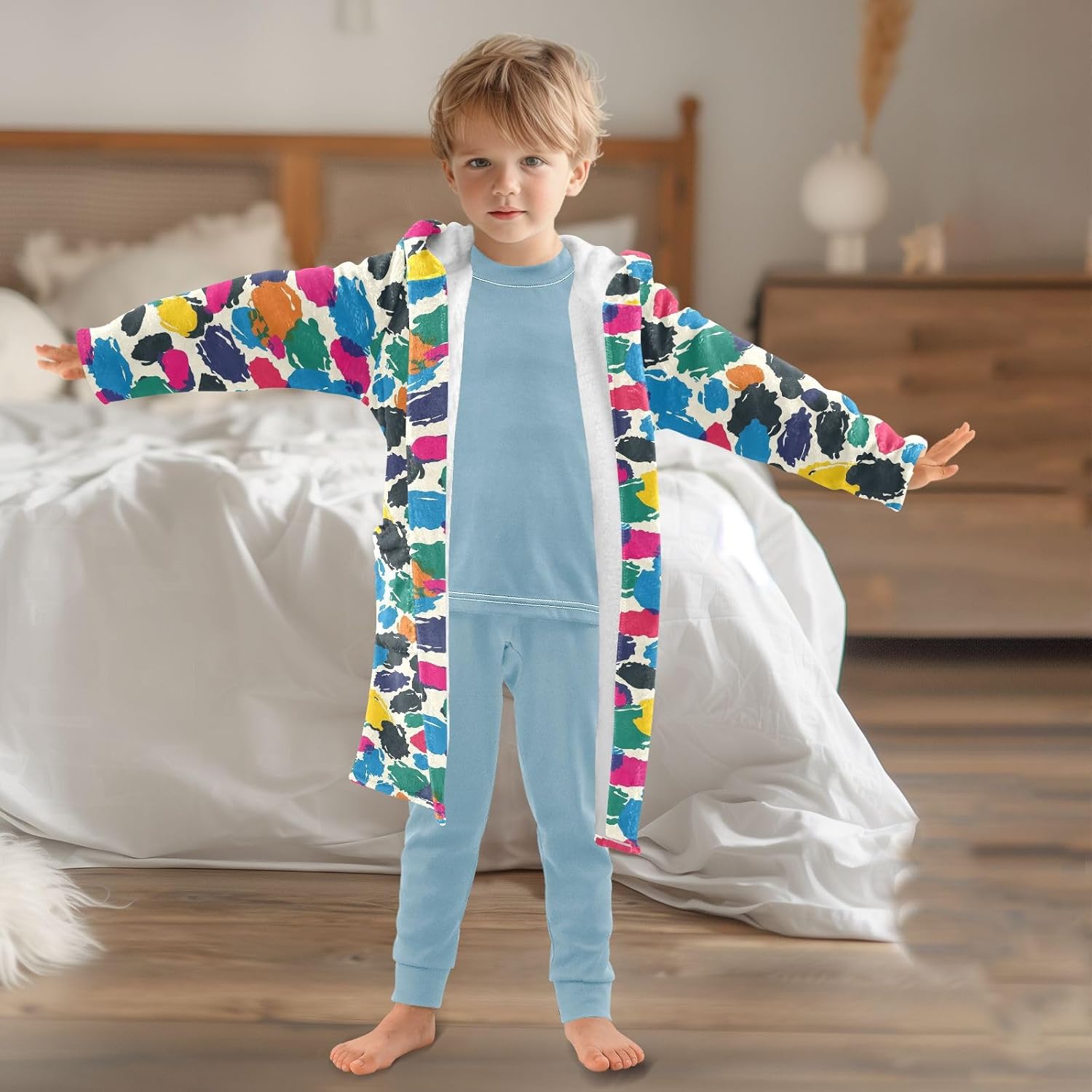 senya Graffiti Color Dot Toddler Hooded Bathrobe Kids Soft Plush Bath Towel Robes for Boys Girls 2-12 Years