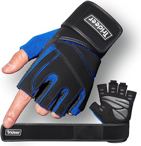Vista 10 de Trideer Guantes de entrenamiento para hombres, guantes para levantamiento de pesas con soporte para muñeca, protección completa de la palma y agarre