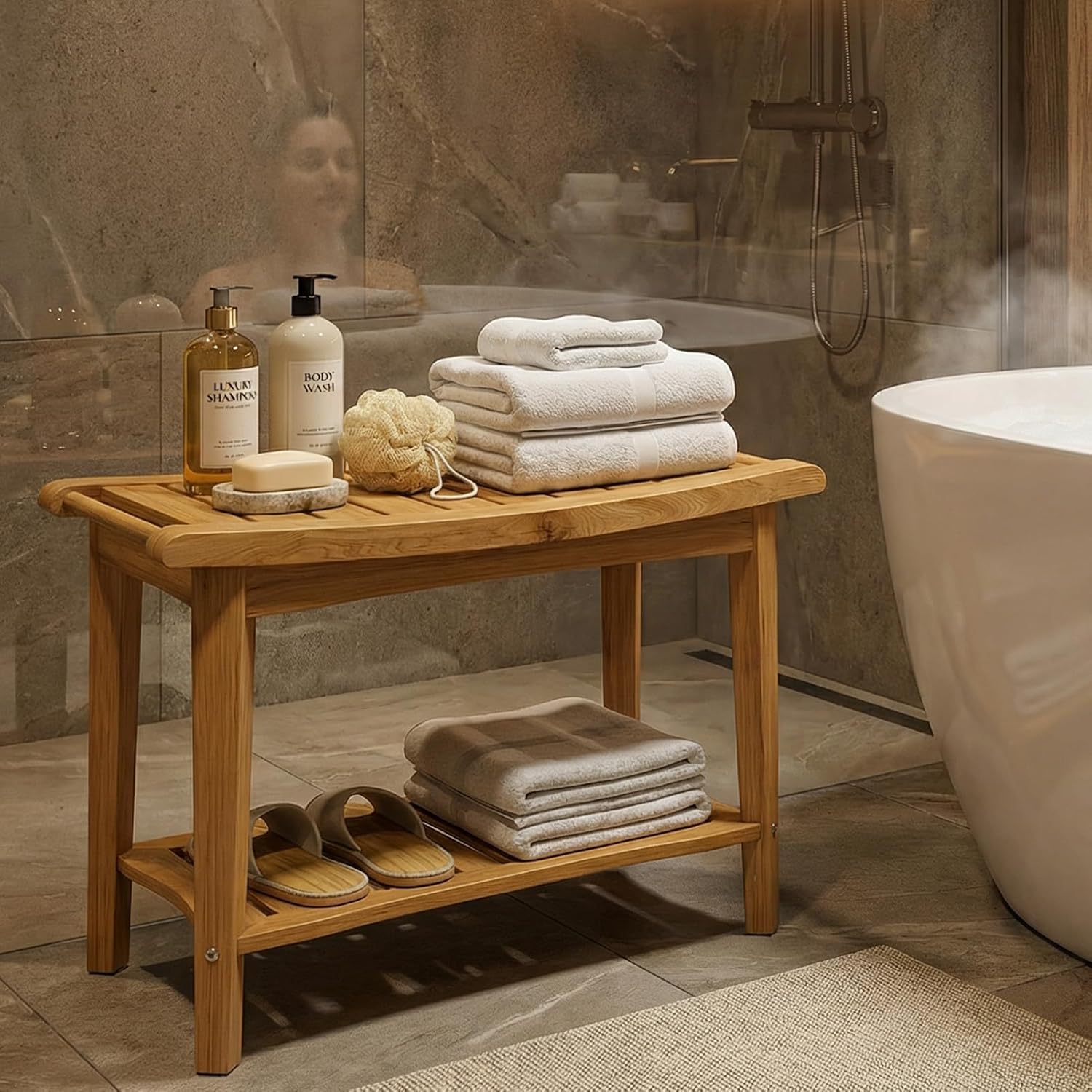 ITEFDTUTNE Bamboo Shower Bench for Inside Shower with Storage Shelf, Wooden Bathroom Shower Bench Stool for Adults Shaving Legs Waterproof Spa Bathroom Shower Chair 20.8" D x 18.4" H x 15.1" W