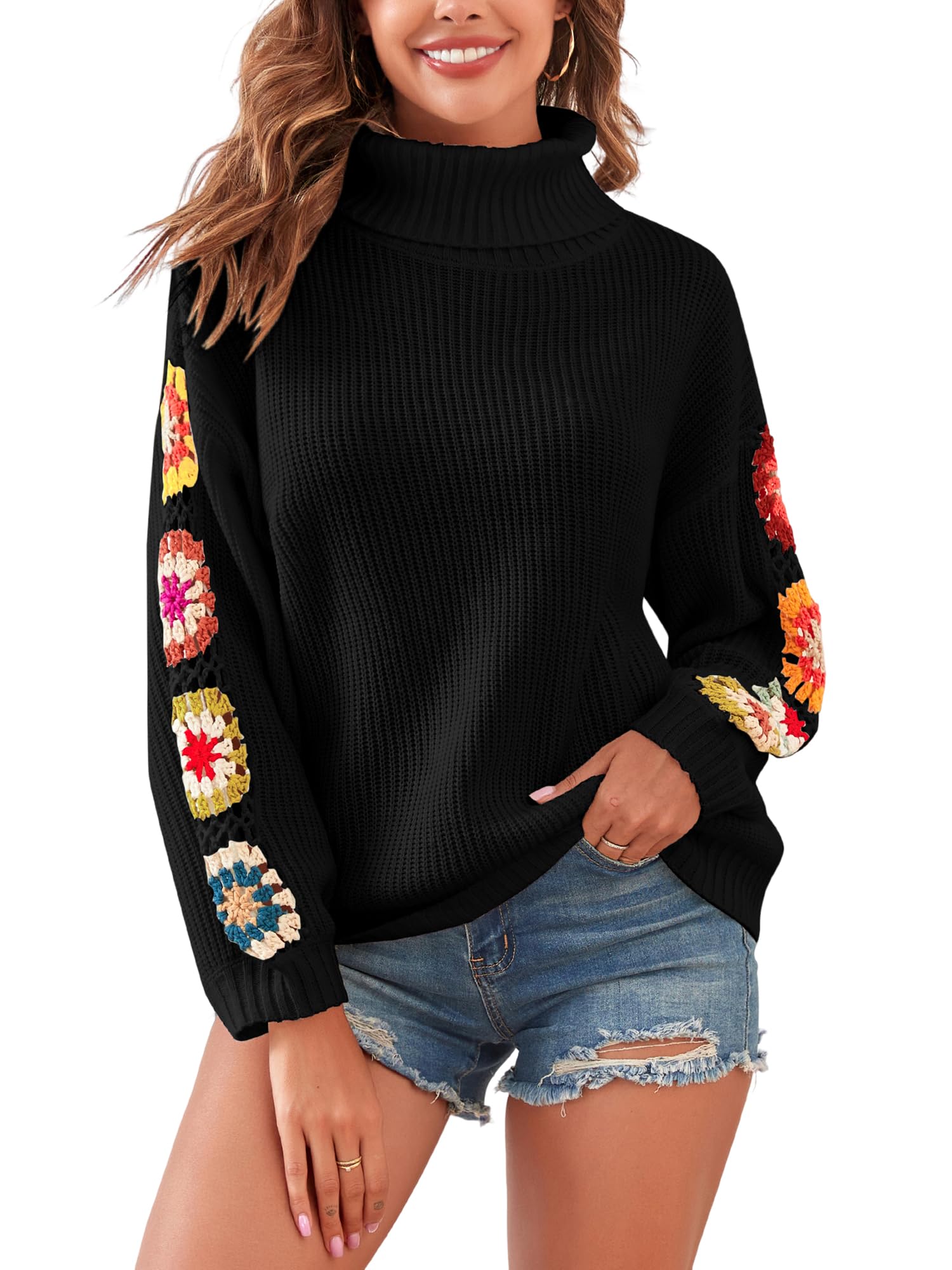 ZAFUL Flower Crochet Turtleneck Sweater for Women Pullover Puff Long Sleeve Boho Knit Sweaters Trendy Knitwear Tops
