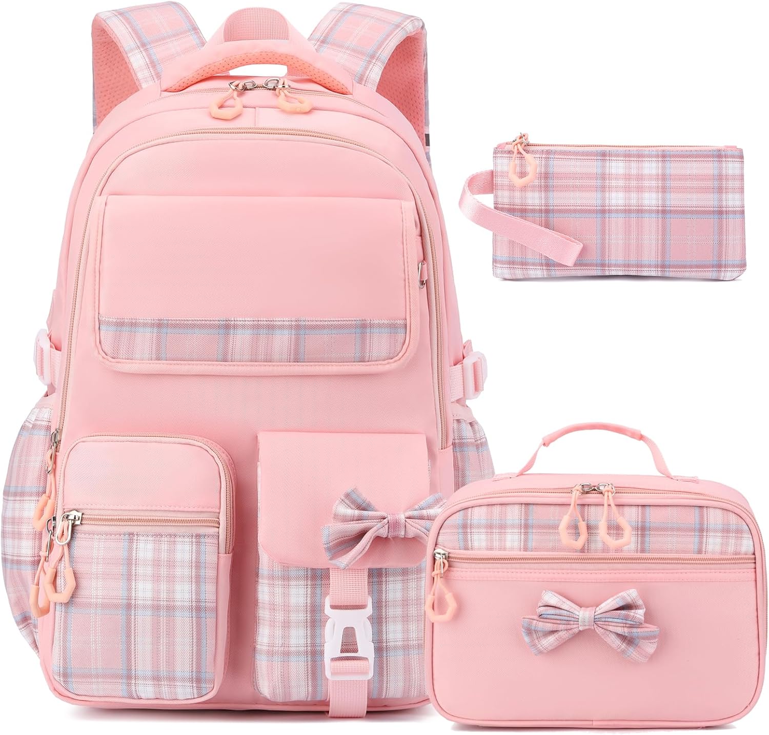 Girls Backpack Set,17 inch School Backpacks Cute Book Bag with Lunch Box for Teen Kid Elementary Middle High School(3PCS Pink, Large)