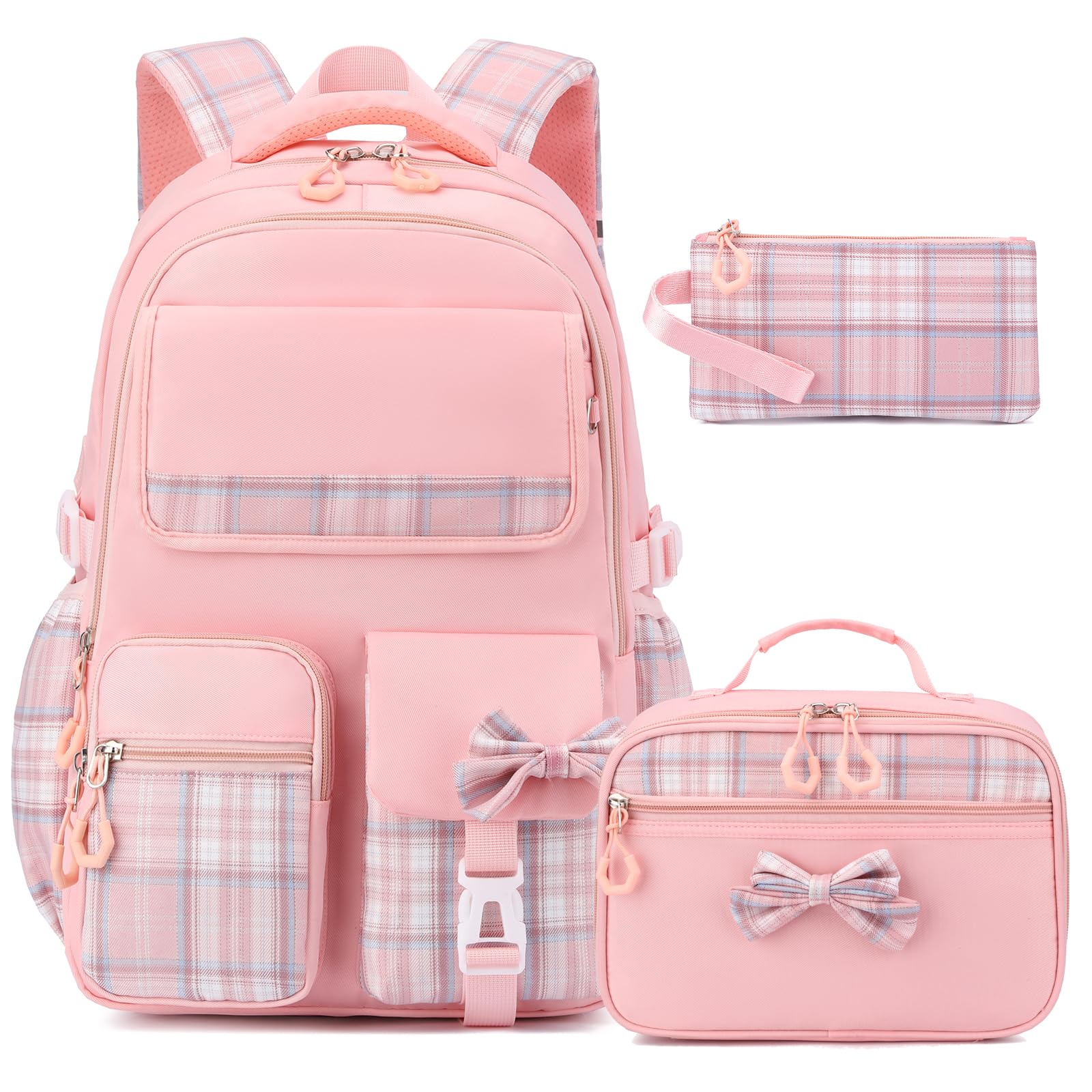 BEFUNIRISE Girls Backpack Set,17 inch School Backpacks Cute Book Bag with Lunch Box for Teen Kid Elementary Middle High School(3PCS Pink, Large)