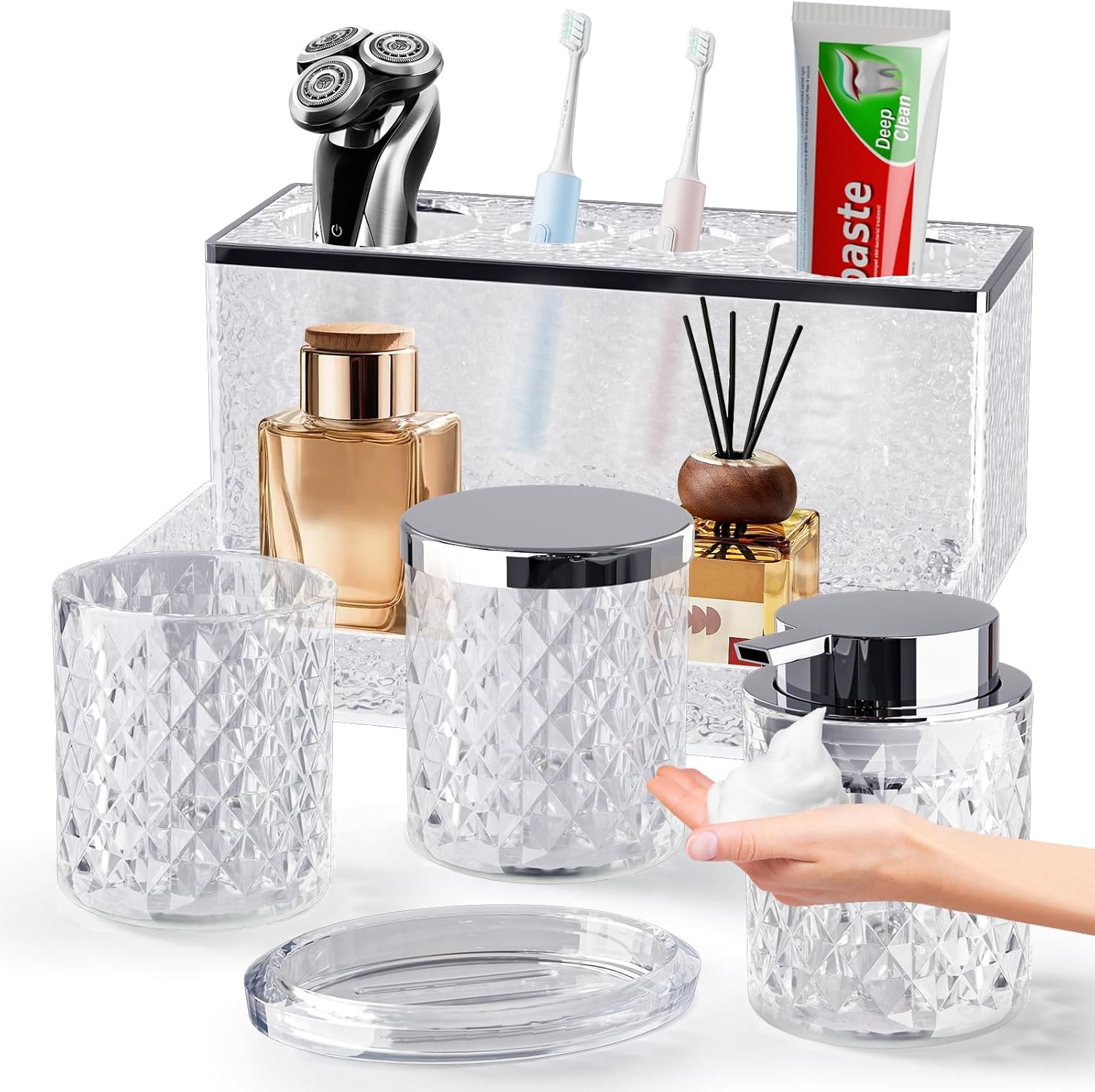 Glass Bathroom Accessories Set 5Pcs Crystal – Foaming Soap Dispenser, Soap Dish, Cup, Acrylic Toothbrush Holder with Tray Organizer, Qtip Jar, Bathroom Counter Set Sink Decor (Clear) Glass Bathroom Accessories Set 5Pcs Crystal – Foaming Soap Dispenser, Soap Dish, Cup, Acrylic Toothbrush Holder with Tray Organizer, Qtip Jar, Bathroom Counter Set Sink Decor (Clear)