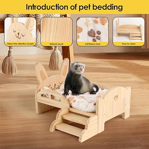 Miniatura 5 de HOSUKKO Cama de conejillo de indias de madera con alfombrilla de 13.5 pulgadas x 9.3 pulgadas, escondite desmontable con escaleras, animales