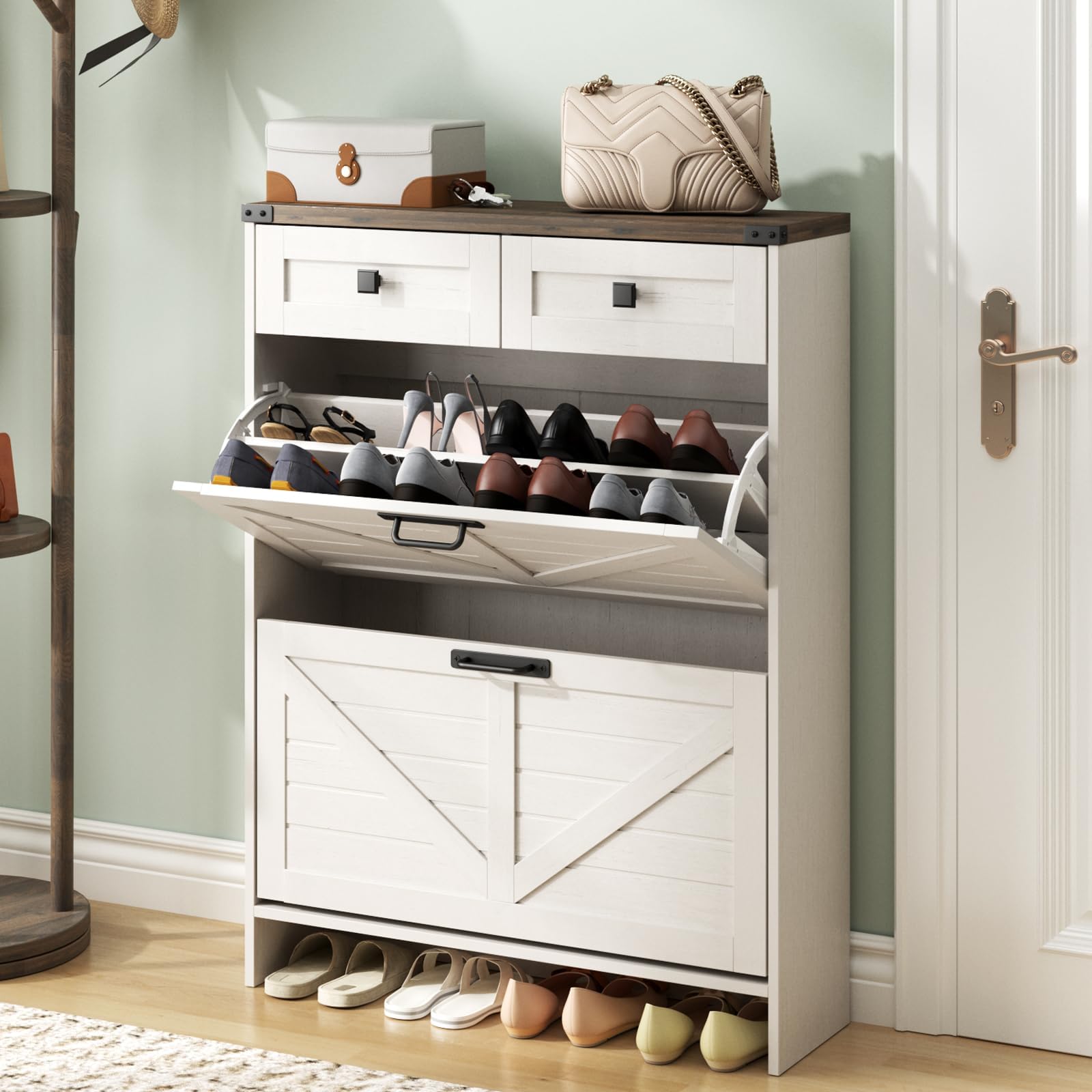 BonVache Farmhouse Shoe Storage Cabinet for Entryway, Freestanding Narrow Shoe Organizer Cabinet with Flip Drawers & 2 Drawers, Entrance Slim Shoe Rack Cabinet,White
