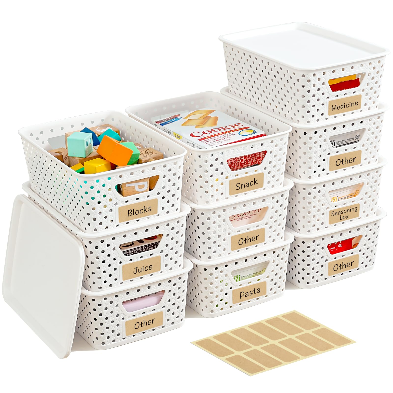 Photo 1 of 10 Pack Small Plastic Storage Bins with Lids, Stackable Plastic Storage Baskets for Organizing with Handles, Organizer Bins with Labels for Room, Craft, Containers for Pantry Organizers and Storage