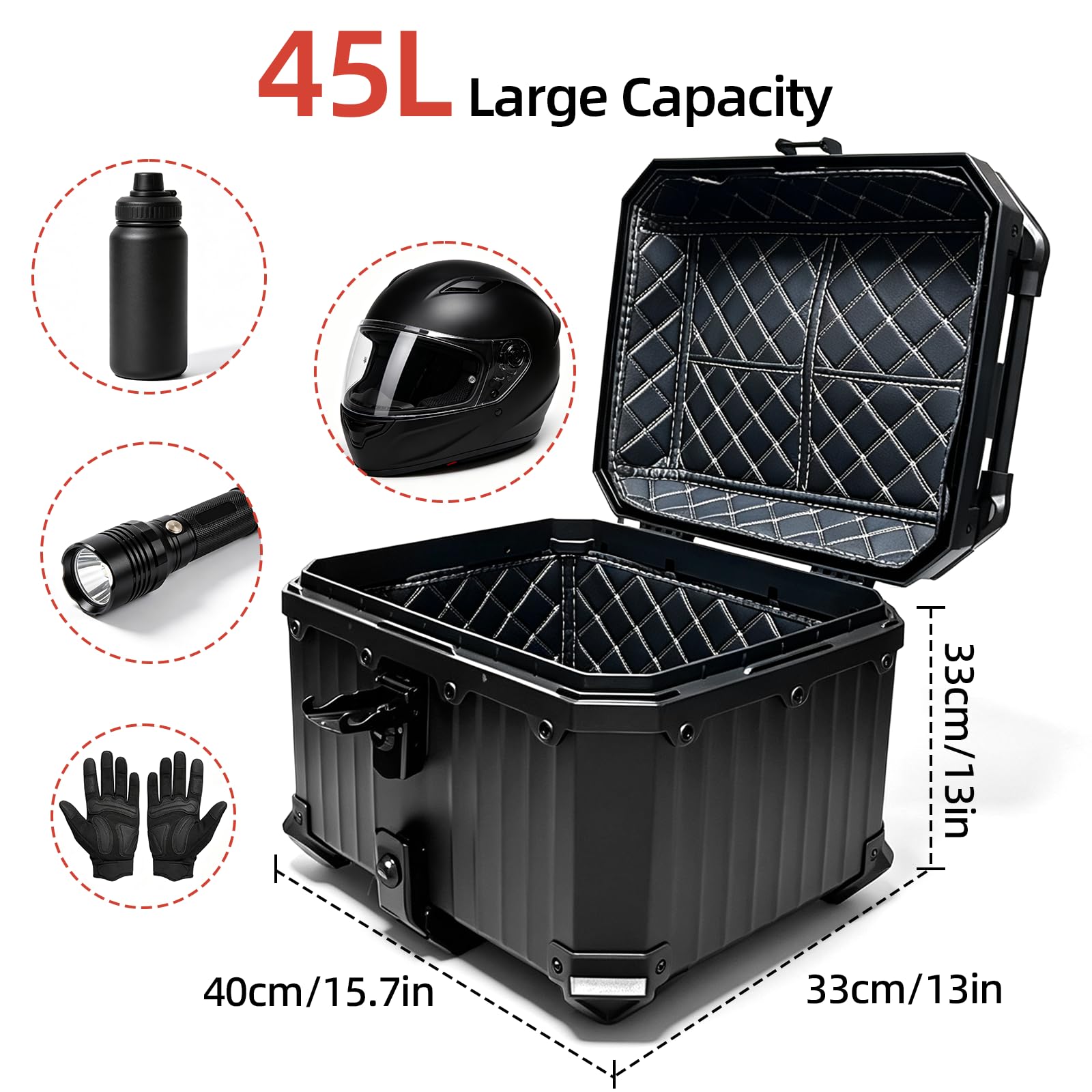 45L Motorrad Topcase, Universal Topcase für Motorrad mit Sicherheitsschloss, Carbonstahl-Bodenplatte und Lederinnenfutter, Wasserdichter & Staubdichter Heckkoffer zur Helmaufbewahrung