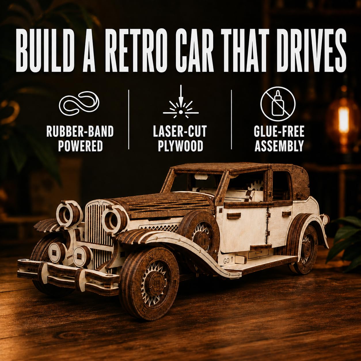 EWA Eco-Wood-Art – “FERDINAND RETRO CAR” - Puzzle 3D in legno - Rompicapo per adulti e adolescenti - da montare senza colla – 278 pezzi