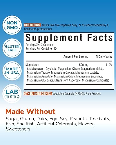 Vista 2 de Suplemento complejo de magnesio 12 en 1 de 500 mg Citrato de glicinato de magnesio quelado de máxima absorción malato y más para apoyo óseo