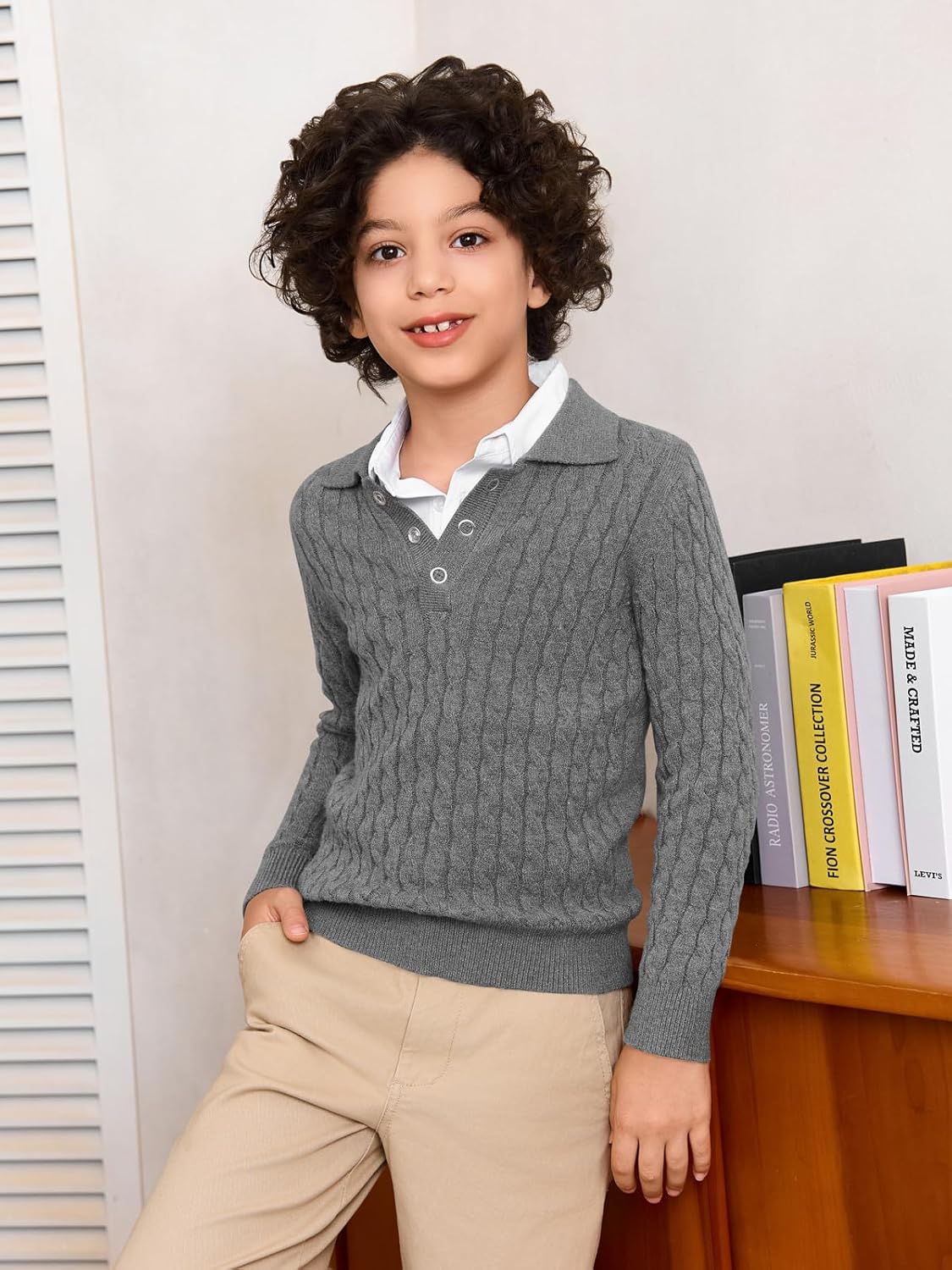 Haloumoning Boys Cable Knit Polo Shirt Kids Long Sleeve Sweater Fall Fashion Clothes 5-14 Years - Image 3