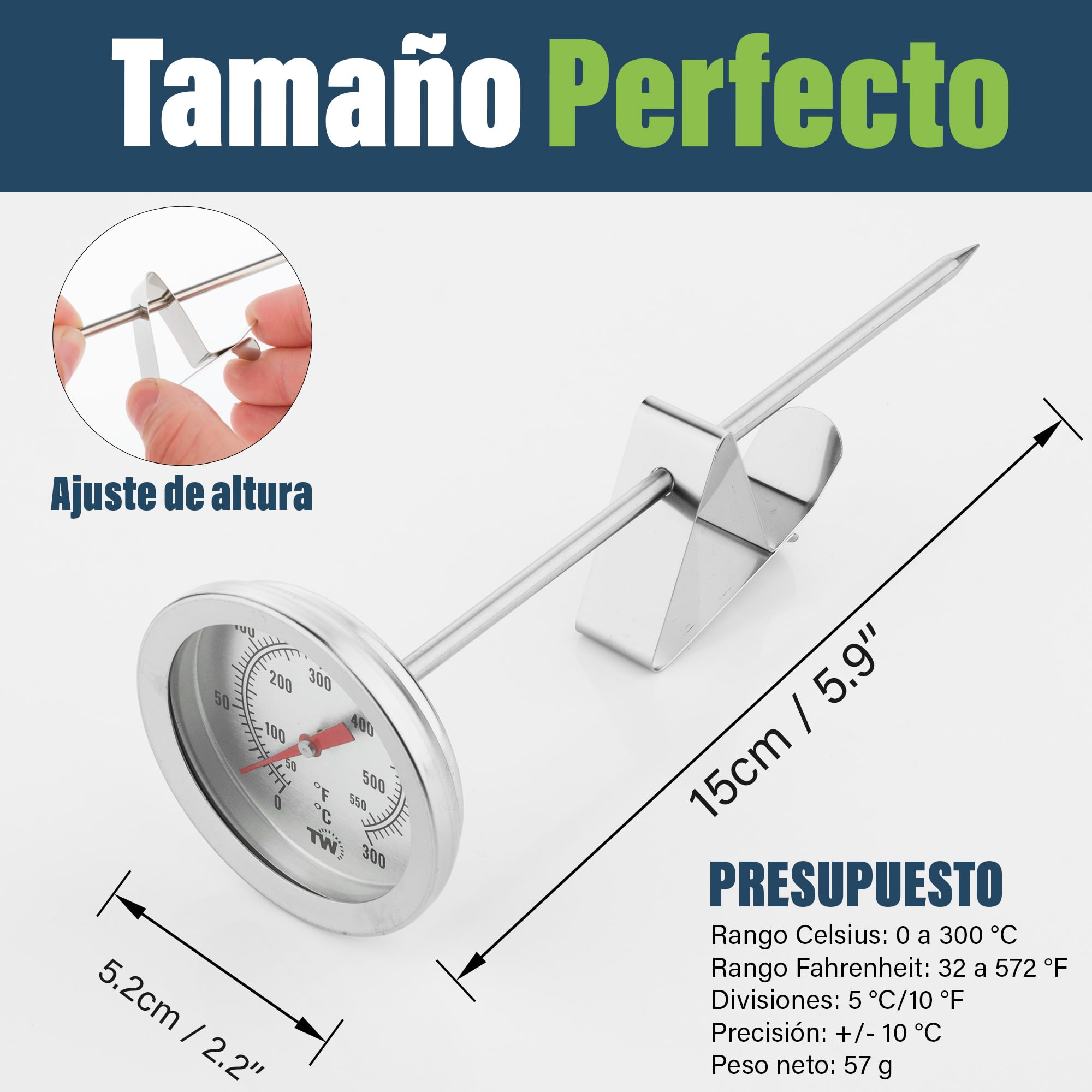 Termómetro de aceite para frituras de acero inoxidable 150 mm con clip para sartén