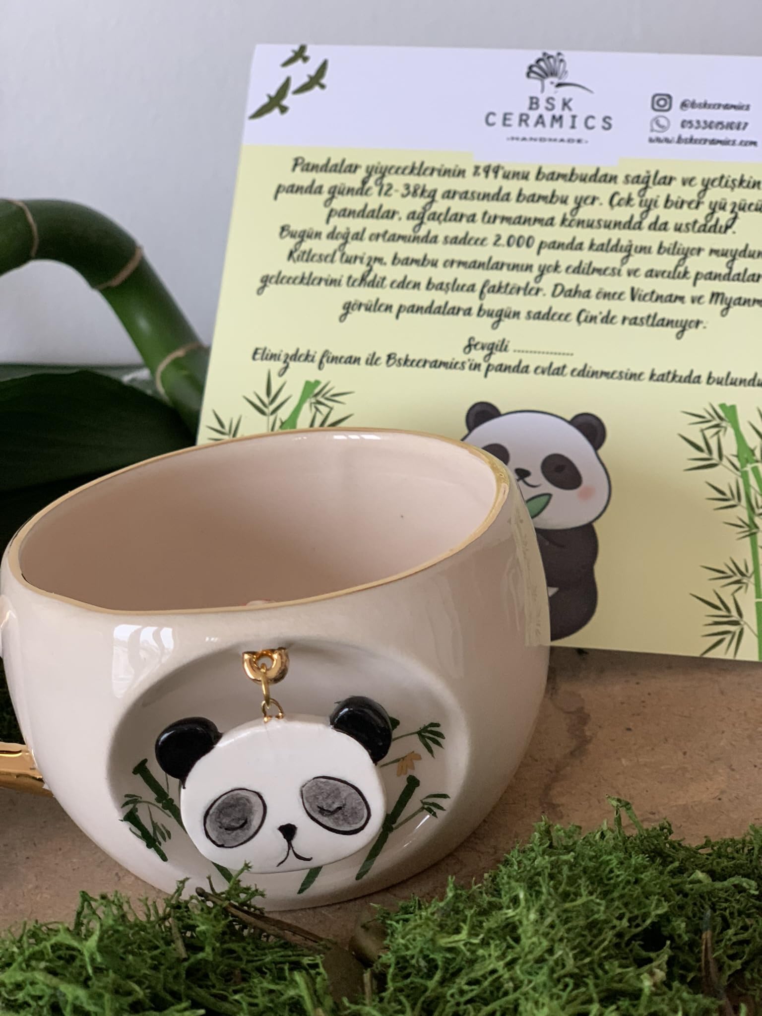 BSK Ceramics Handmade El Yapımı Seramik Doğa Serisi Altın Vurgulu Çay Kupası 230 ml, Nesli Tükenmekte Olan Hayvanlar Farkındalık, Hayvan Severler İçin Panda Temalı