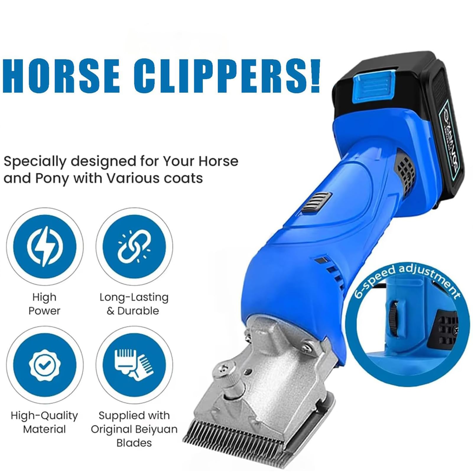 Cortadora Inalámbrica Para Caballos, Esquiladora Eléctrica 21V Para Ganado Con 2 Baterías De 3000mAh Y Ajuste De 6 Velocidades, 2500 RPM Cortadora Profesional Equina Para Caballos Oveja Red 1 Battery