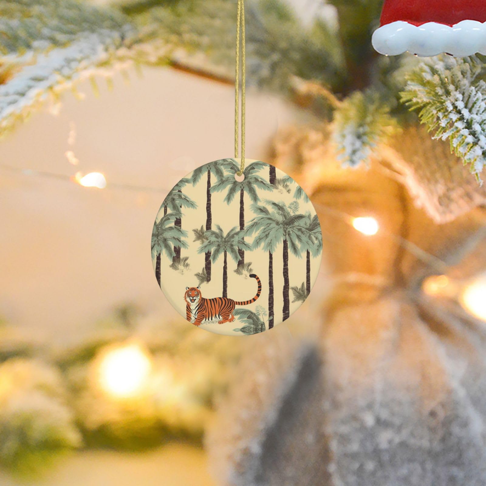 Christmas Tree Ornaments Ceramics Christmas Round Decorations Palm Trees and Tigers Ceramics Ornaments Circle Pentagram Xmas Tree Hanging Pendant for Christmas Tree Party Holiday Home Decor