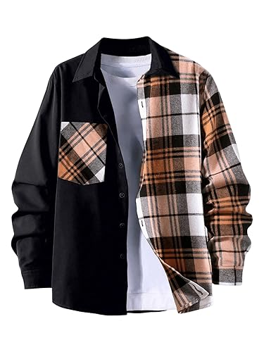 OYOANGLE Men's Colorblock Plaid Print Button Down Long Sleeve Pocket Collared Shirts Top - Medium - Black and Orange
