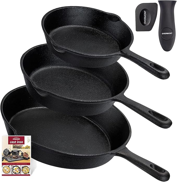 OVERMONT Cast Iron Skillet Set 6.1" + 7.7" + 9.6" Grill Pan Pre