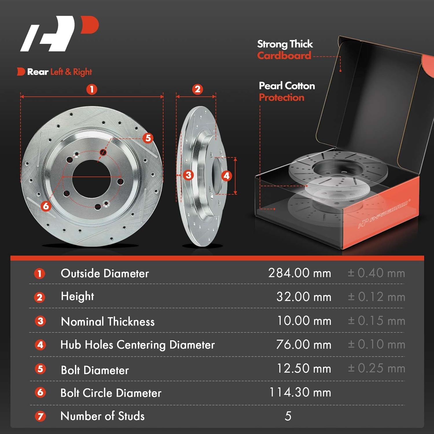 A-Premium 11.18 inch (284mm) Rear Drilled and Slotted Disc Brake Rotors + Ceramic Pads Kit Compatible with Select Hyundai and Kia Models - Sonata 2015, Soul Ev 2015, Optima, Cadenza, 6-PC Set