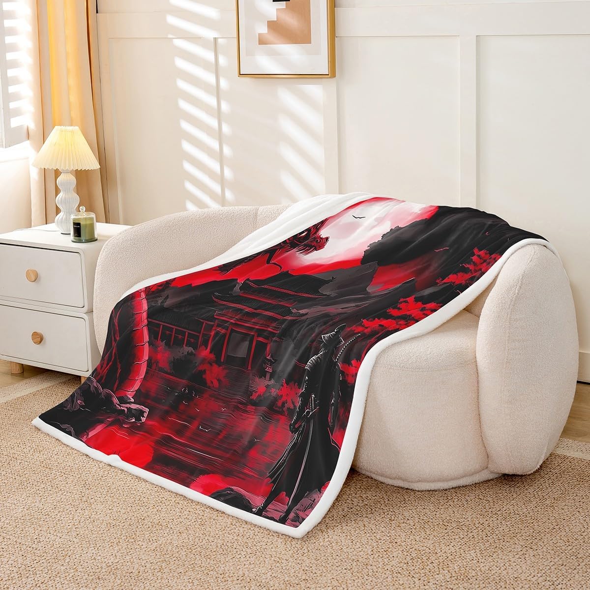 Feelyou Kids Dragon Fleece Throw Blanket Queen 90"x90" Boys Girls Loong Red Sunset Plush Blanket Samurai Sherpa Blanket Japanese Style Japanese Ukiyoe Fuzzy Blanket