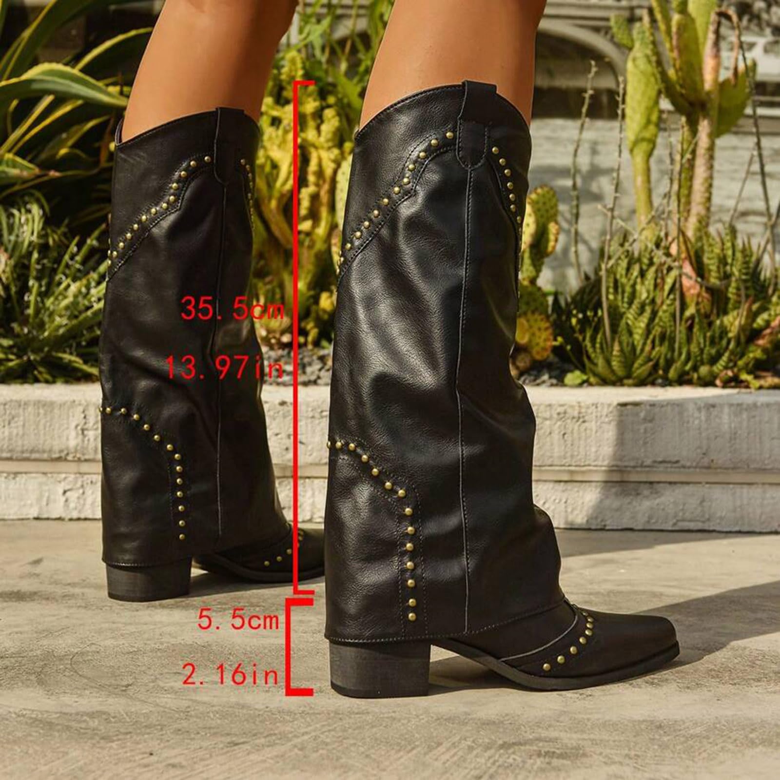 Damskie buty do kolan, vintage, nity, wysokie wsuwane, kowbojskie buty z klapą, obcas blokowy, szpiczaste, buty westernowe, długie buty zimowe