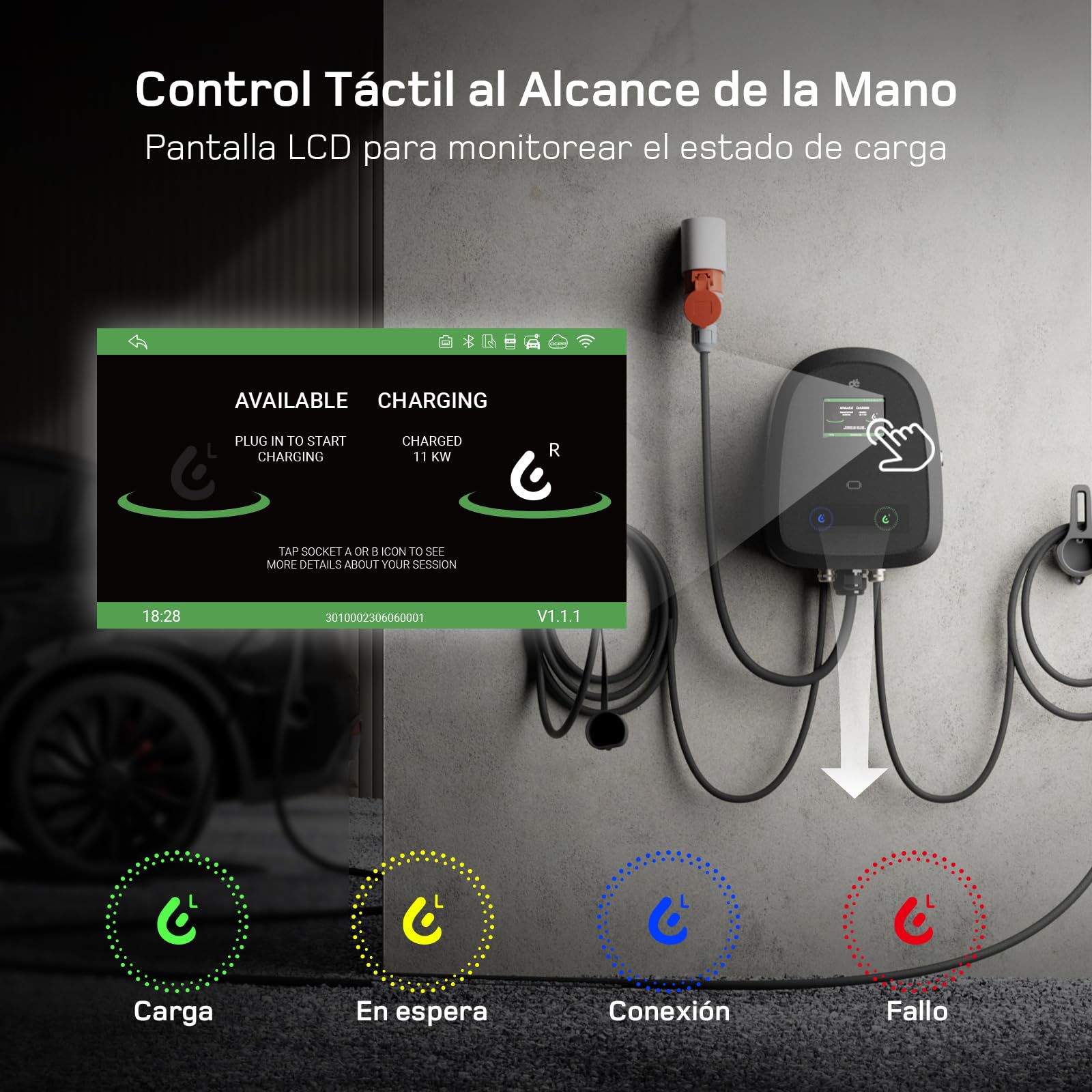 dé Wallbox Doble 2×11kW [7m+10m, 2×16A, Trifásico] Estacion de Carga Coche Electrico 11kW con Cable Doble Tipo 2, Wallbox Trifásico con App y RFID Simultánea para 2 Vehículos, para BEV/PHEV