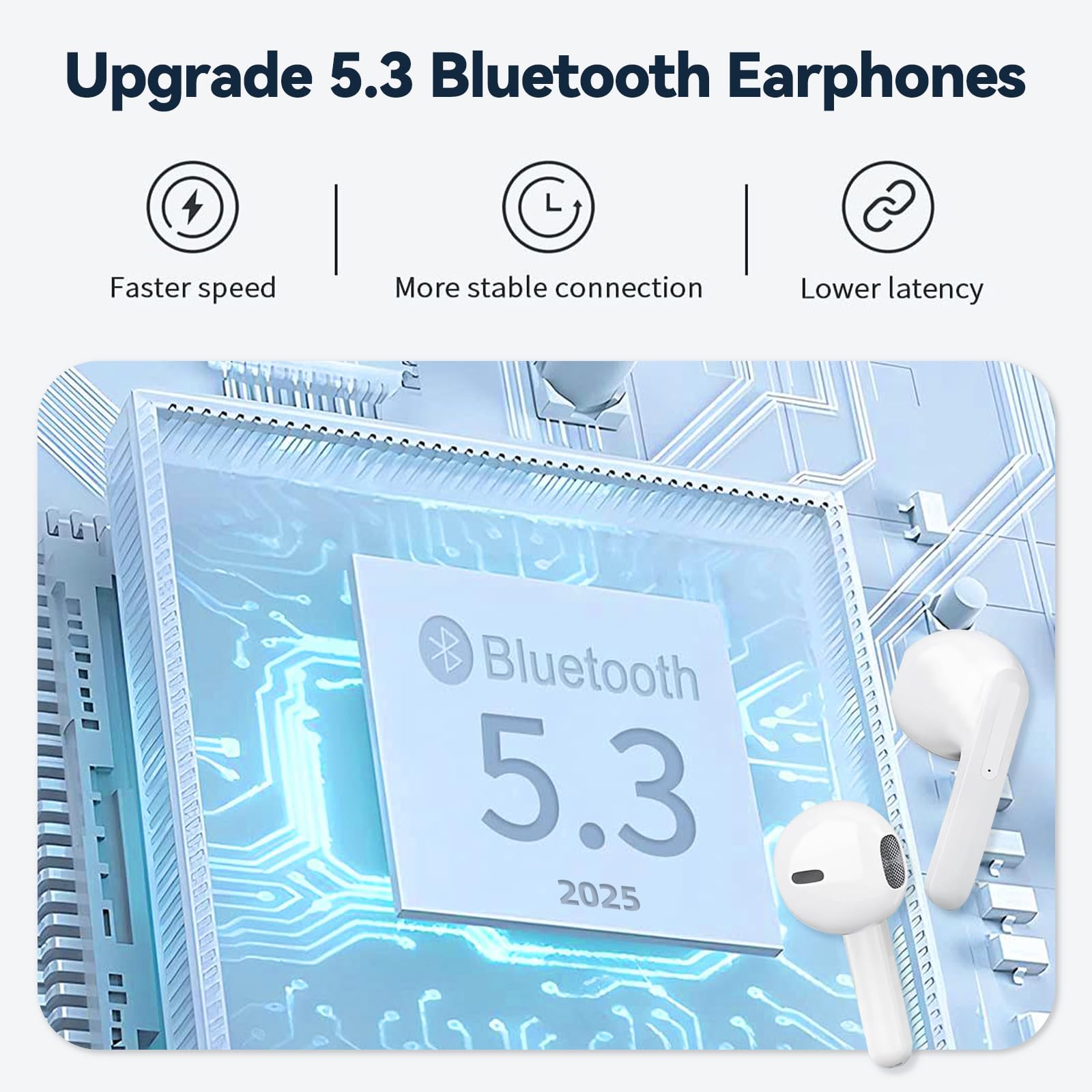 Cuffie Bluetooth for iOS iPhone/Android Samsung, Auricolari Bluetooth 5.3 Wireless Cancellazione Rumore Mic Stereo HiFi, Touch Control IP8 Impermeabili Cuffie, 24 Ore di Riproduzione In-Ear Cuffiette