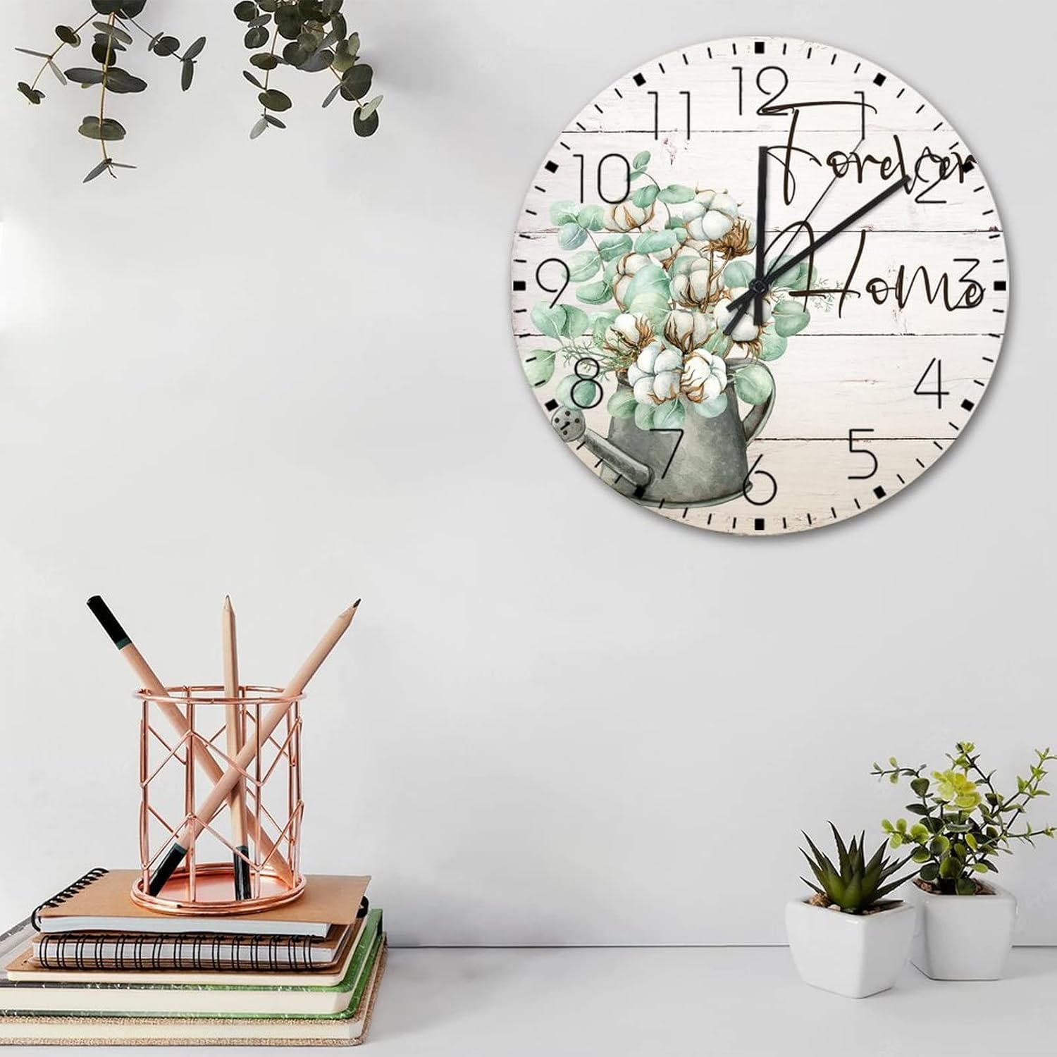 15 Inch Wood Wall Clock Forever Home Watercolor Mason Jar Floral Wall Decor for Patio Decorative Beautiful Cotton Flower in Vase Wall Clocks Round Wooden Wall Clock Country for Garden Entryway