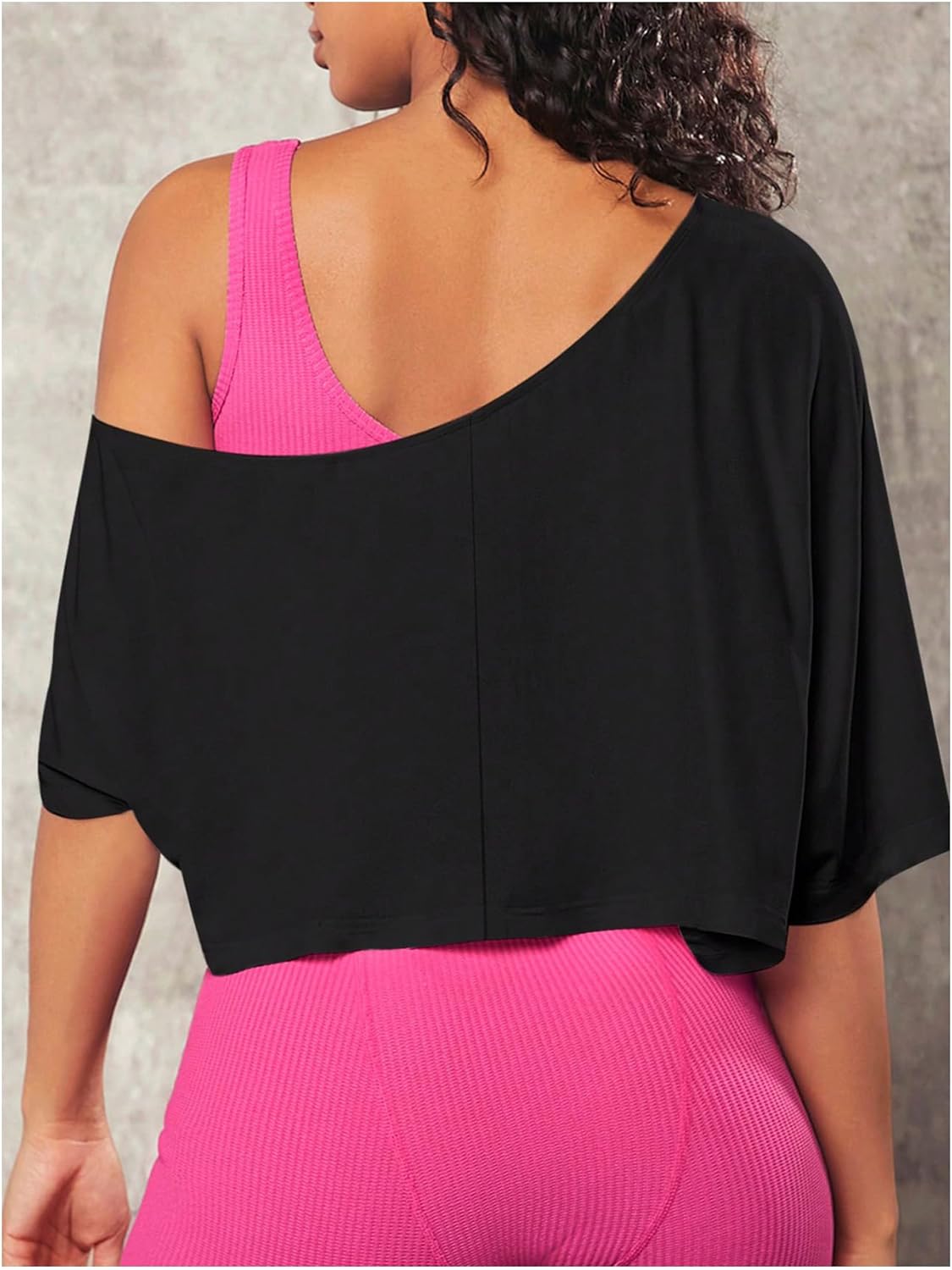 SOLY HUX Women's Off The Shoulder Tee Yoga Workout Crop Top Half Sleeve Asymmetrical Neck Activewear T Shirt - Image 2
