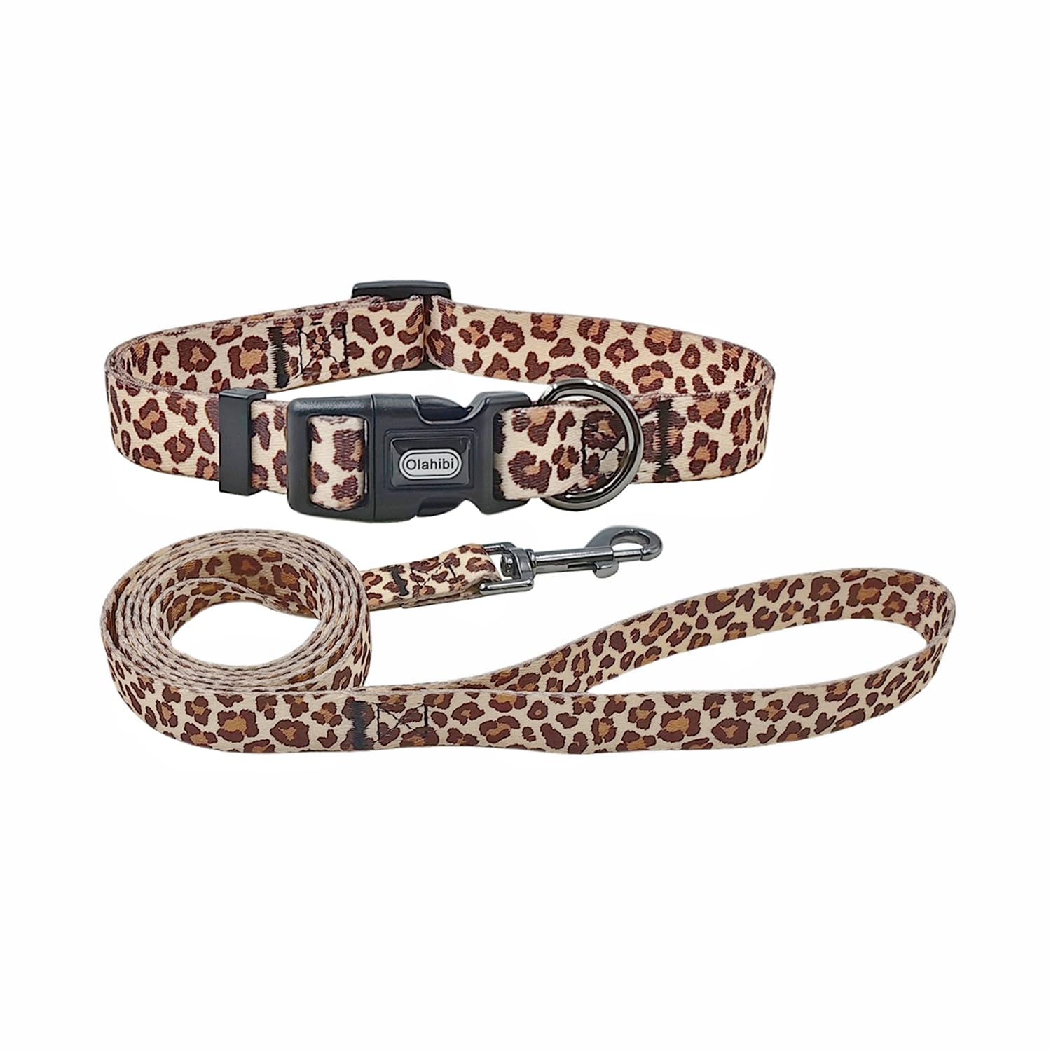 Set combinato collare e guinzaglio per cani, motivo leopardato, materiale poliestere, guinzaglio abbinato 150 cm, piccola taglia (S, caffè chiaro leopardato)