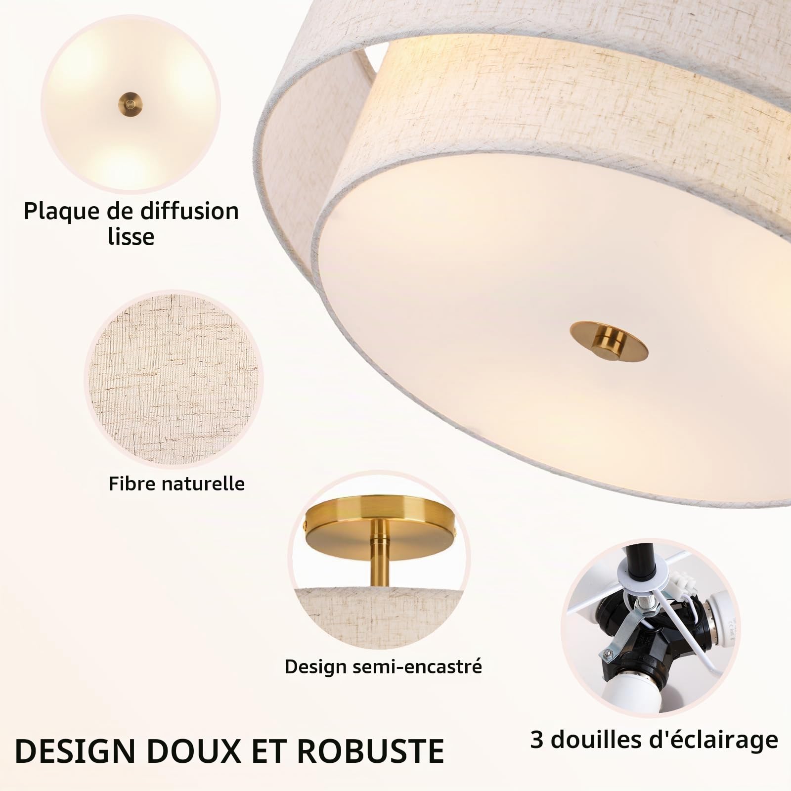 CALOKES Plafonnier tissu beige rond Ø40cm – Lampe de plafond dimmable E27 avec monture en métal doré pour salon, chambre, cuisine, couloir, chambre enfant – Lumière douce et style moderne
