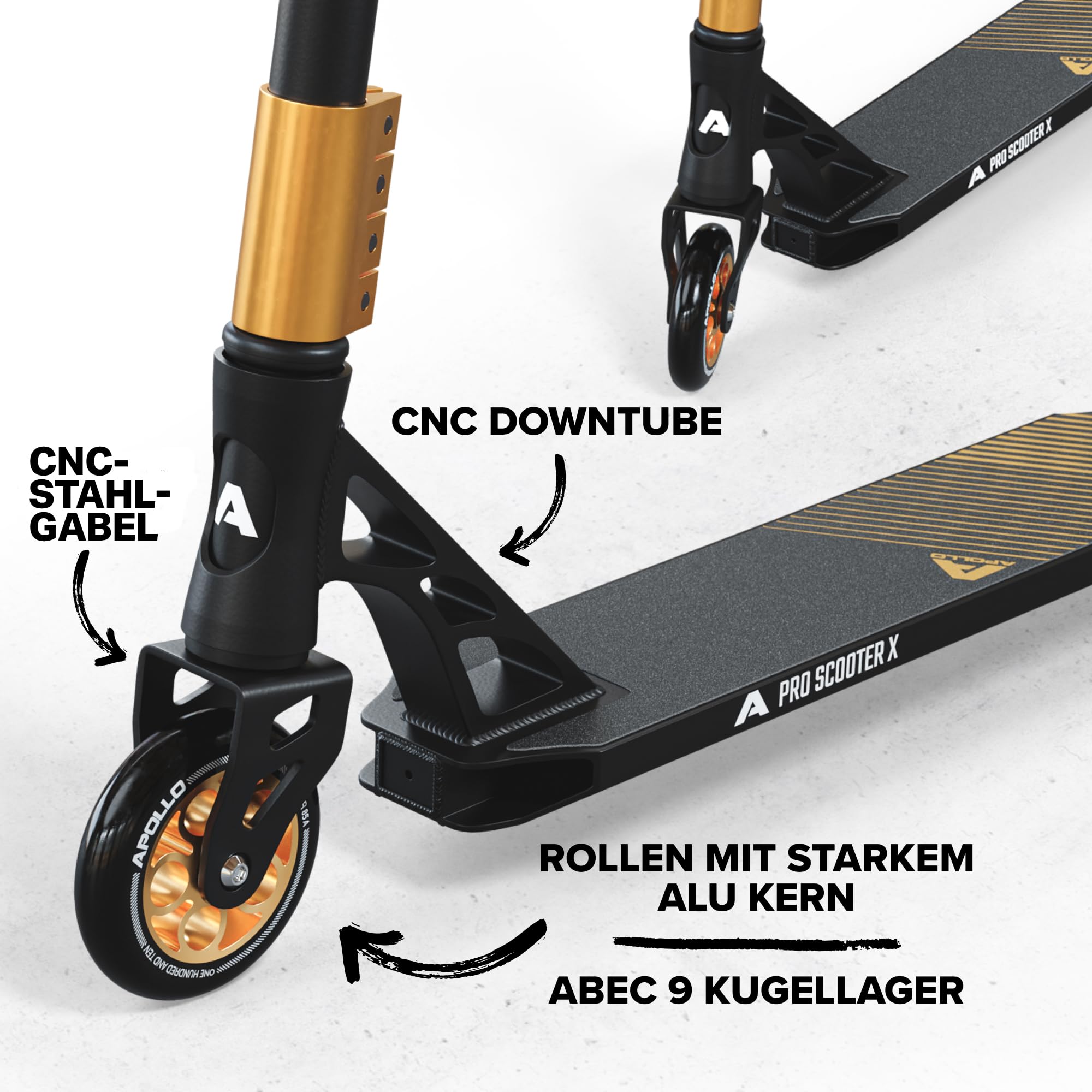 Apollo Stunt Scooter - Genesis Pro X/Pro X Competition, High End Stuntscooter, ABEC 9 Kugellager, Trick Roller mit 110mm oder 120mm Wheels und Alu Core, Stunt Scooter, Stuntroller