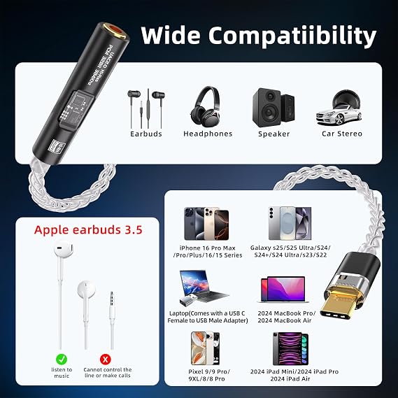 USB C to 3.5mm Audio Adapter with Dual Chip CX31993 MAX97220 DAC & HiFi Amplifier, 8-Strand 4N Single Crystal Silver-Plated Copper Cable,USBC to Headphones Aux Dongle for Android iPhone PC Mac (Black)