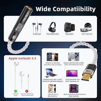 USB C to 3.5mm Audio Adapter with Dual Chip CX31993 MAX97220 DAC & HiFi Amplifier, 8-Strand 4N Single Crystal Silver-Plated Copper Cable,USBC to Headphones Aux Dongle for Android iPhone PC Mac (Black)