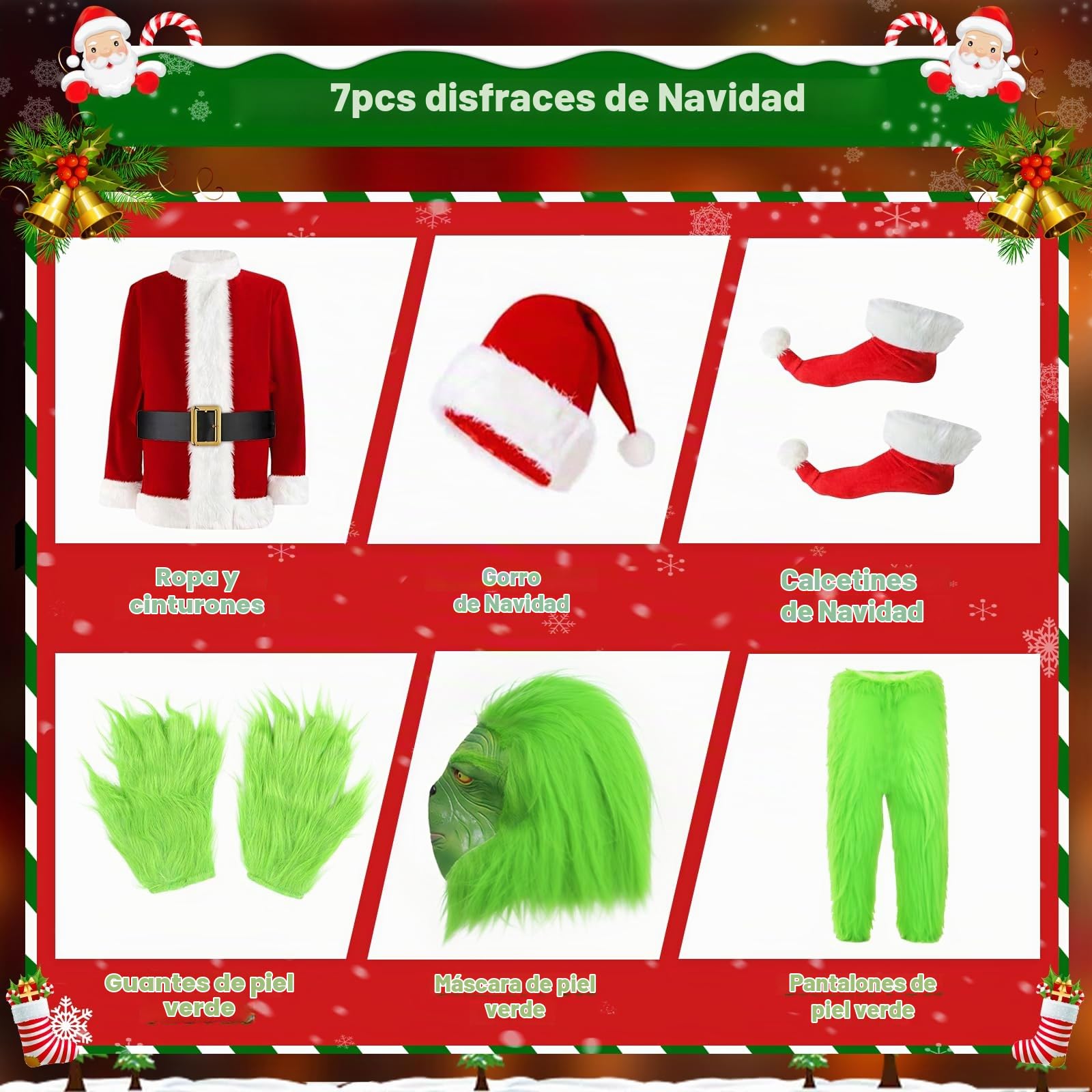 Green Monster Christmas Costume for Adults - 7 Piece Premium Set with Scary Mask Hat Gloves - Santa Style Villain Outfit for Fancy Dress Halloween Festive Parties