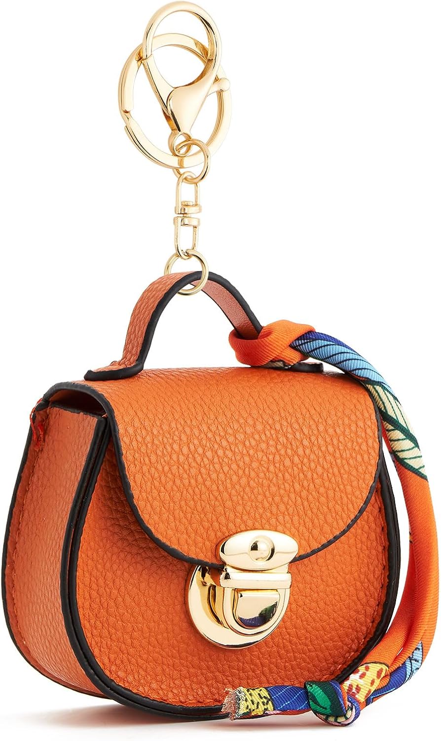 WOZEAH Mini Backpack Keychain for Women,Small Change Pouch Coin Purse Snap Button with Key Headset Bag(Orange)