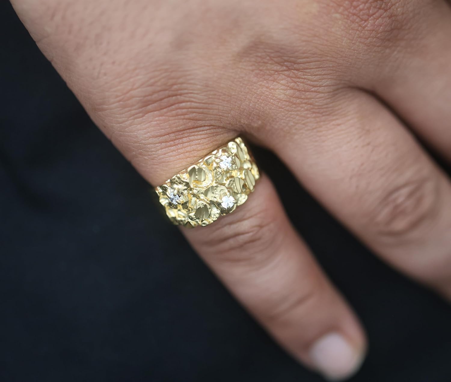 14K Gold Plated Nugget Ring with Cubic Zirconia, 6mm Band Width, Mens Jewelry Size 7-15