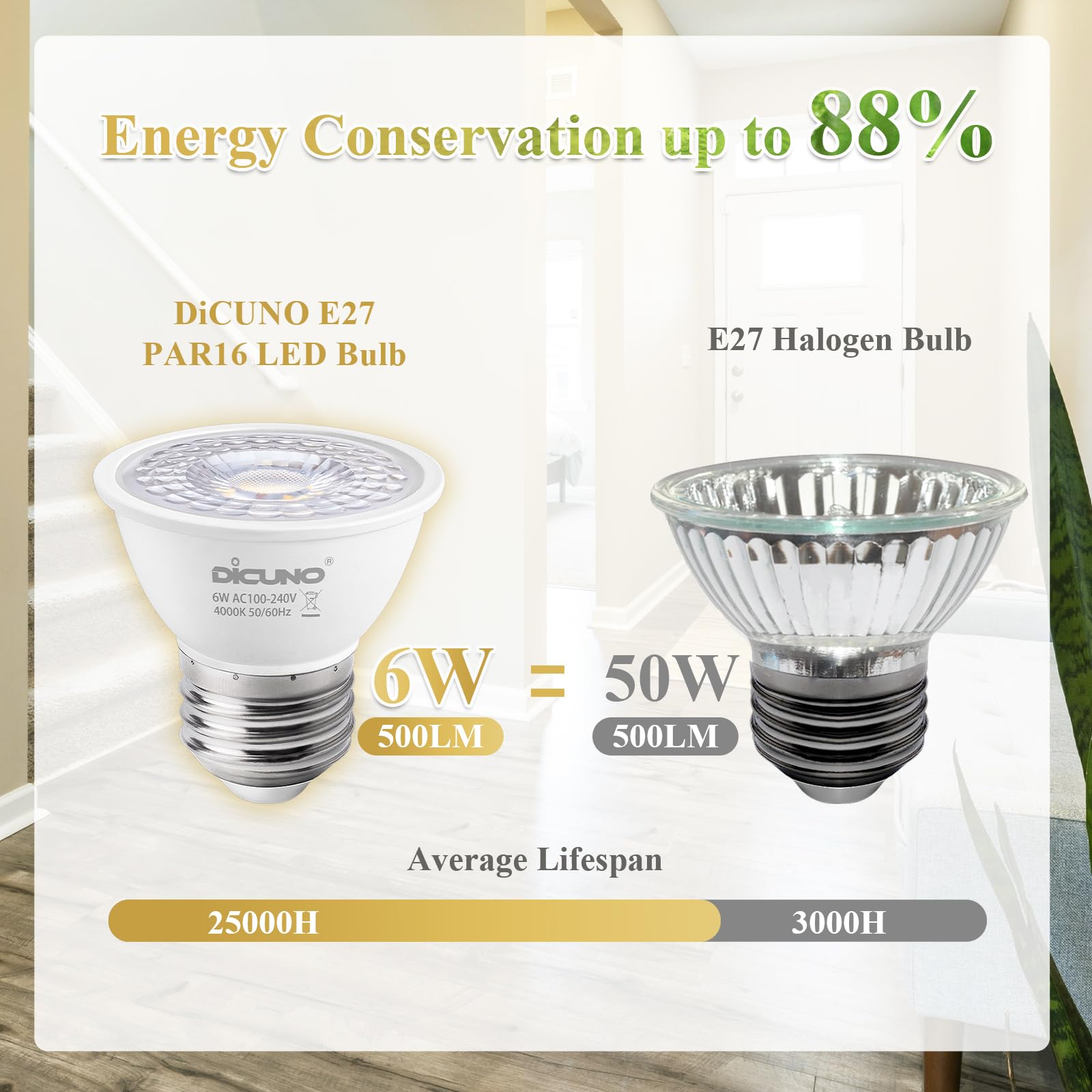 DiCUNO E27 LED Bulb 6W, E27 ES Light Bulbs MR16, Natural White 4000K, 50W Halogen Replacement, 500LM - Image 4