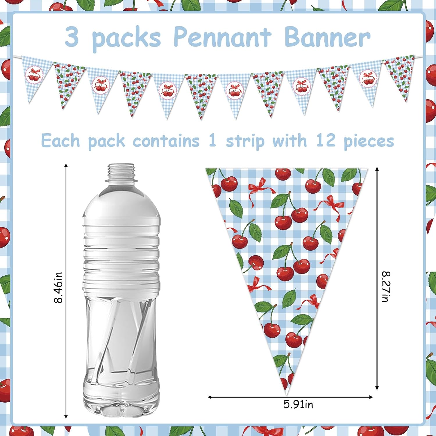 3pcs Cherry Pennant Banner Blue Gingham Triangle Flags Cherry Party Decorations Blue She’s the Cherry on Top Birthday Decor Baby Shower Garland Fruit Theme Party Supplies image 5