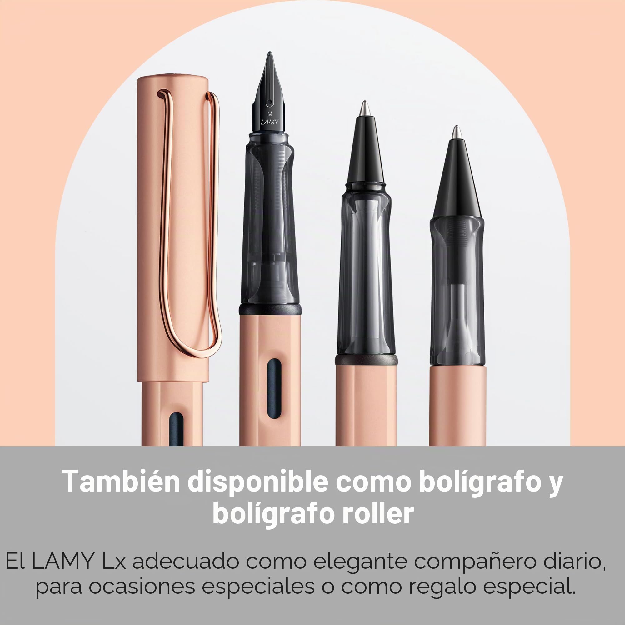 Lamy Pluma estilográfica Lx rosegold -Plumín con recubrimiento PVD y agarre ergon. -Plumín de acero M -Cuerpo ligero de aluminio -Con cartucho de tinta azul T 10 y estuche metálico-Para diestros