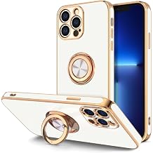 Hython for iPhone 13 Pro Max Case with Ring Stand [360Rotatable Ring Holder Magnetic Kickstand] [Plated Rose Gold Edge] Slim Soft TPU Cover Luxury Protective Phone Case for Women Men, White