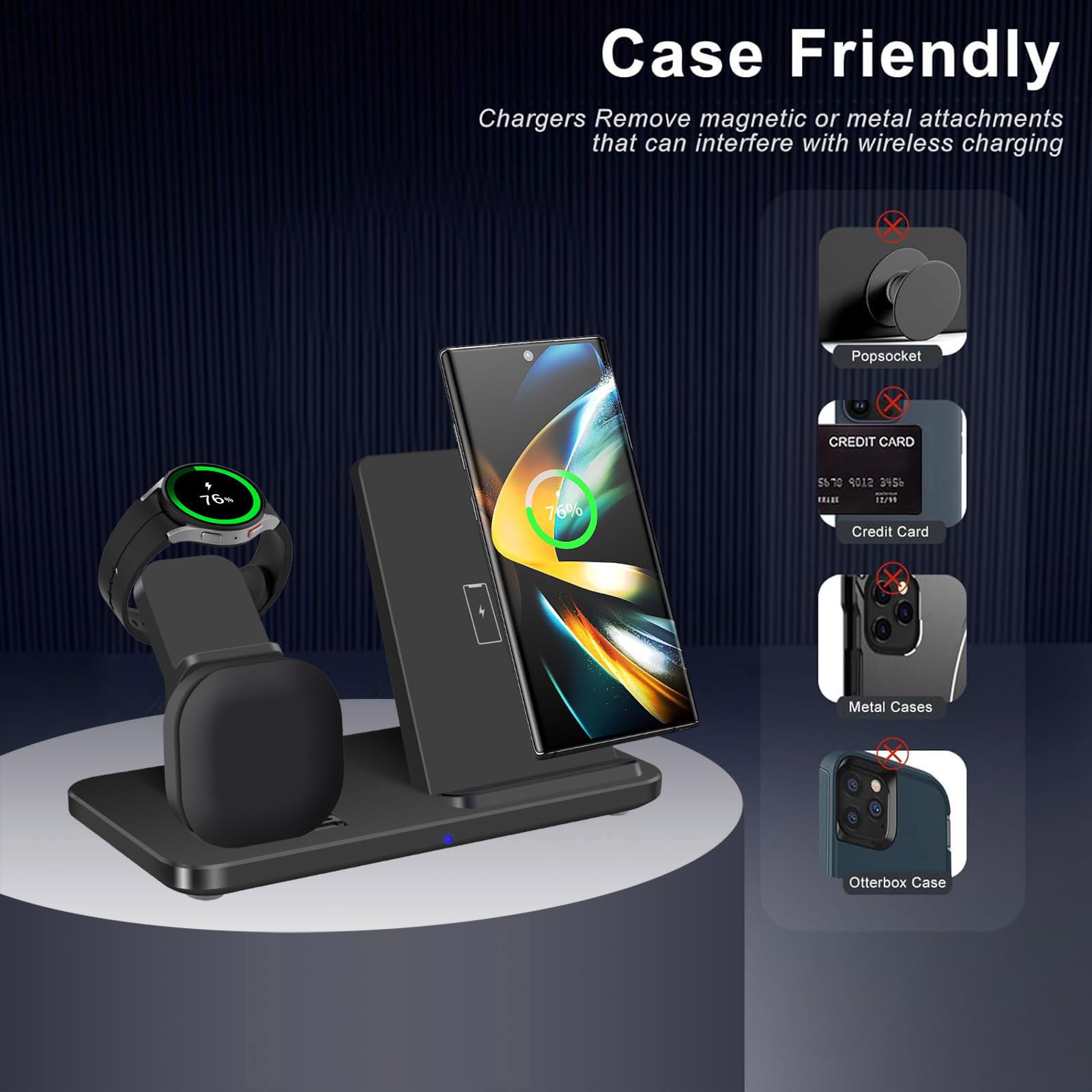 Caricabatterie wireless 3 in 1, stazione di ricarica wireless veloce da 15 W, supporto per Samsung Galaxy S25/S24/S23/S22/S21/S20/S10/S9, Note 20/10, Galaxy Buds Pro/Live, Galaxy Watch7/6/5 Pro/5/4/3