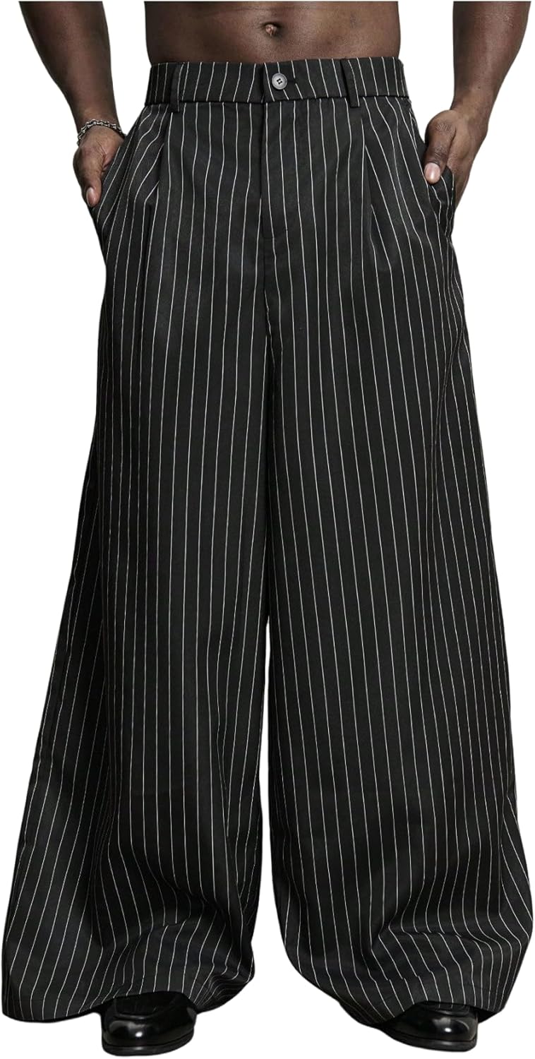 OYOANGLE Men's Striped Wide Leg Pleated Pants Zipper Fly Baggy Dress Trousers Streetwear