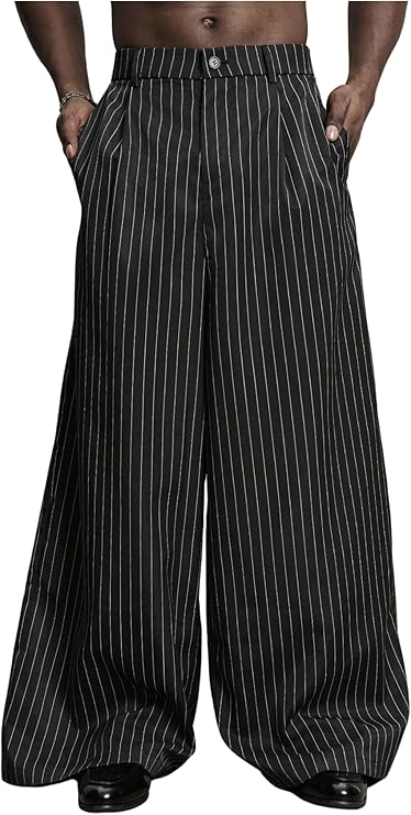 GORGLITTER Men's Baggy Casual Pleated Striped Dress Pants 2025 Wide Leg Trousers with Pockets
