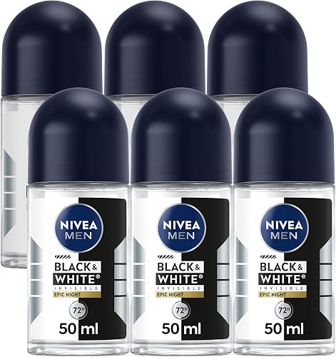 NIVEA MEN Black & White Invisible Epic Night Anti-Perspirant Deodorant Roll-on, 72H Protection, Anti-Stain, Masculine Fragrance 50mlx6