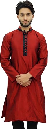 Atasi Mens Long Kurta Maroon Dupion Ethnic Bollywood Style Shirt