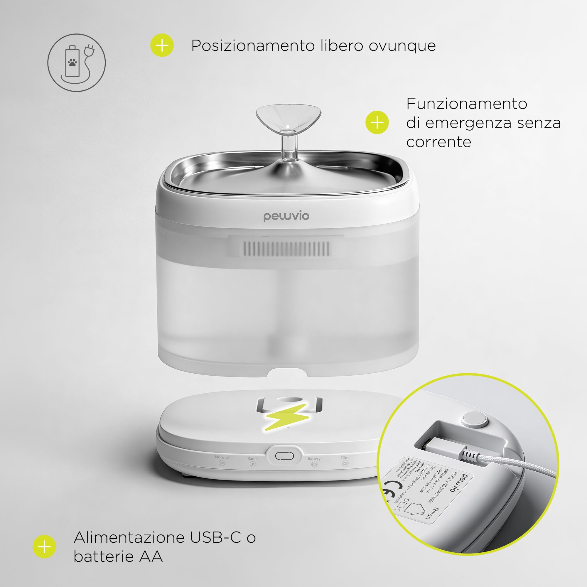 Rillan Fontanella d'Acqua per Gatti da 2 L | Fontana per Gatti con Filtro Carbone e Doppia Alimentazione USB e Batterie Facile e Rapida da Pulire, Igienica