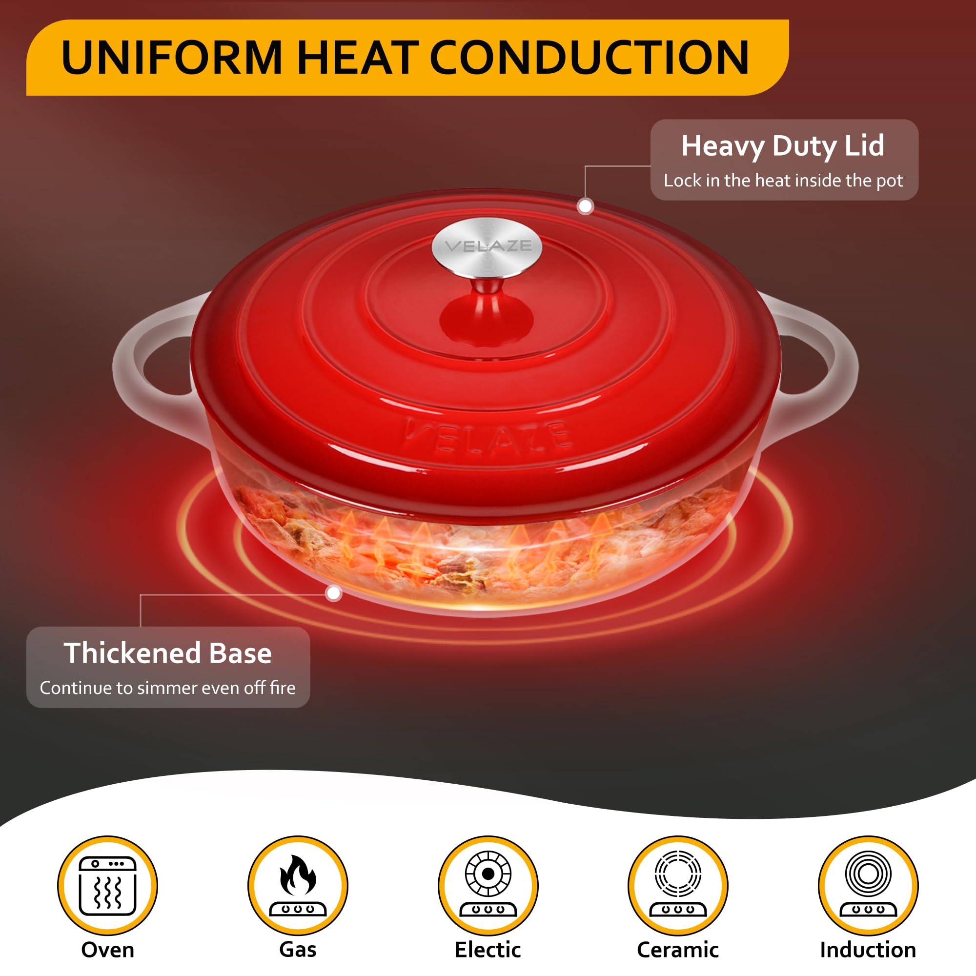 Velaze Casseruola in Ghisa, Pentola a Induzione per Stufati e Brasati, Cocotte Casseruola con Coperchio in Rivestimento Smaltato, Forno Olandese, Rosso, Rotondo - 28cm, 3.5L