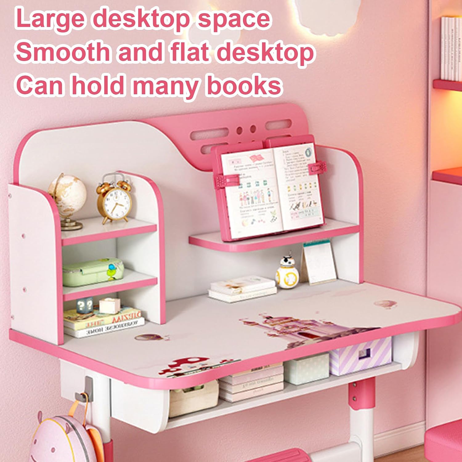 Kids Study Desk Chair Set,Height Adjustable Set School Study Table for Kids,Desk with Chair Gift, Children Desk with Large Writing Board, Bookshelf and Drawer Pink