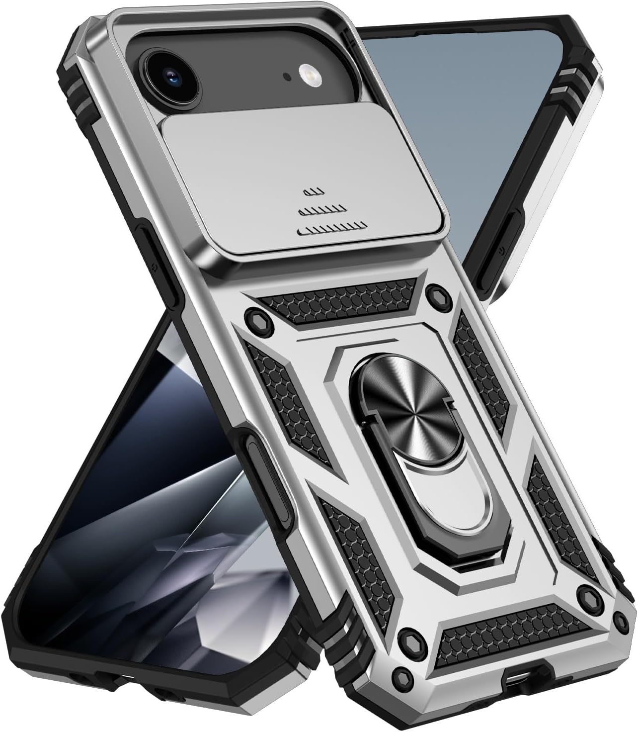 Case for iPhone 17 Pro Max/17 Pro/Air/17, Military-Grade Shockproof Magnetic Case with 360° Rotating Ring Stand, Slide Camera Lens Protection, Slim TPU+PC Bumper Cover(Silver,17 Air)