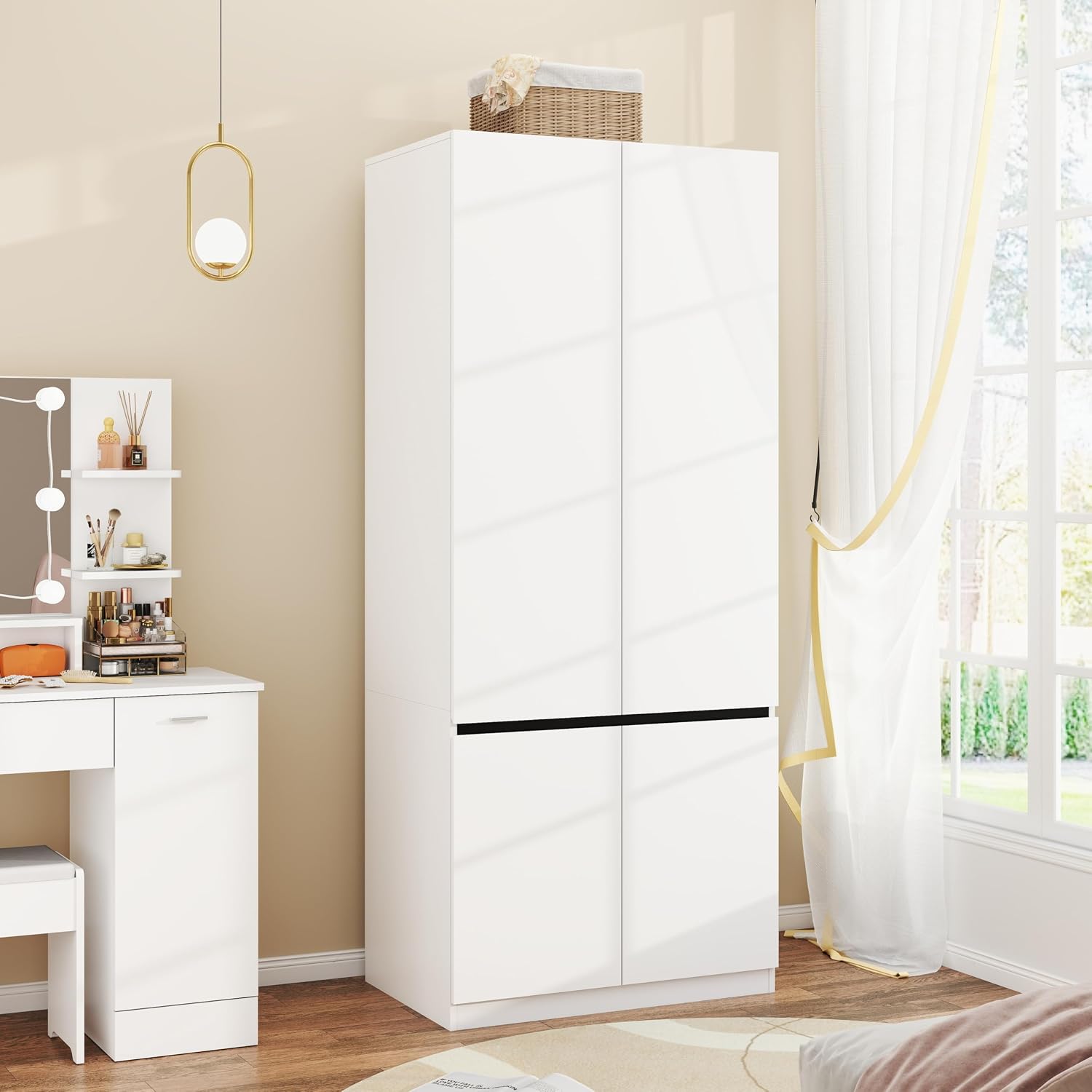 Armoire Wardrobe Closet with Doors: 75" White Large Wardrobe Closet with 2 Doors, Clothes Cabinets for Bedroom Armoires with Storage, Wood Wardrobes Closets for Hanging Clothes (C-Style, 31.5")